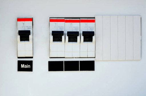 outdoor shot of breaker box and one circuit breaker with “Main